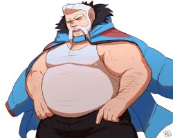 1boy :d absurdres arm_hair artist_name bara biceps big_belly black_pants blue_jacket chest_hair closed_eyes commentary covered_erect_nipples creatures_(company) english_commentary facial_hair fat fat_man fur-trimmed_hood fur_trim game_freak hands_on_own_hips happy highres hood hood_down jacket jacket_on_shoulders long_mustache male_focus mustache nintendo open_mouth pants pectoral_cleavage pectorals pokemon pokemon_xy puffy_chest ruslorc short_hair simple_background smile solo teeth tongue white_background white_hair wulfric_(pokemon)