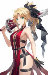  1girl bare_shoulders belt black_gloves blonde_hair braid breasts center_opening clarent_(fate) closed_mouth dress fate/apocrypha fate_(series) gloves green_eyes hair_ribbon half_up_braid highres long_hair looking_at_viewer mordred_(fate) mordred_(fate/apocrypha) parted_bangs ponytail red_dress ribbon sideboob sidelocks small_breasts solo sword thigh_strap thighs tonee variant_set weapon  rating:Sensitive score:11 user:danbooru