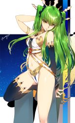  1girl armband bare_shoulders breasts c.c. cleavage code_geass cosplay creayus elbow_gloves fate/grand_order fate_(series) gloves green_hair groin ishtar_(fate) ishtar_(fate)_(cosplay) ishtar_(fate) medium_breasts midriff navel single_elbow_glove single_thighhigh solo thighhighs tohsaka_rin twintails two_side_up yellow_eyes  rating:Sensitive score:69 user:danbooru