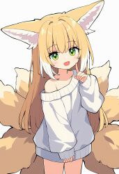  1girl :d absurdres animal_ear_fluff animal_ears arknights auto_ins blonde_hair blush collarbone commentary cowboy_shot eyes_visible_through_hair finger_to_cheek green_eyes hair_intakes hand_up highres index_finger_raised loli long_hair long_sleeves looking_at_viewer multiple_tails off_shoulder open_mouth puffy_long_sleeves puffy_sleeves simple_background sleeves_past_wrists smile solo standing suzuran_(arknights) sweater tail white_background white_sweater yellow_tail  rating:Sensitive score:21 user:danbooru