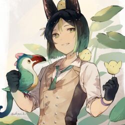  1boy animal animal_ear_fluff animal_ears animal_on_head animal_on_shoulder ascot bird bird_on_hand bird_on_head bird_on_shoulder black_hair blunt_ends bright_pupils brooch brown_vest buttons chick clenched_hands collared_shirt double-breasted dress_shirt dyed_bangs fox_ears genshin_impact gradient_hair green_ascot green_eyes green_hair grey_background hair_between_eyes hands_up jewelry lapels looking_at_viewer multicolored_hair on_head parted_lips plant shirt simple_background sleeves_rolled_up smile streaked_hair sunlight teeth tighnari_(genshin_impact) tighnari_(m&amp;g)_(genshin_impact) twitter_username two-tone_hair two-tone_vest vest white_pupils white_shirt wolfram_1 