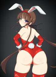  1girl ashino_(pixiv_id_82870970) ass ass_focus breasts brown_hair from_behind hairband heterochromia highres leotard long_hair looking_at_viewer looking_back playboy_bunny rabbit_ears rabbit_girl rabbit_tail red_hairband red_leotard red_thighhighs ryoubi_(senran_kagura) senran_kagura simple_background small_breasts solo strapless strapless_leotard thighhighs twintails very_long_hair wrist_cuffs  rating:Questionable score:24 user:FunkX
