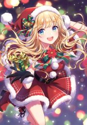 1girl absurdres belt blonde_hair blue_eyes blush boots bow bowtie box breasts capelet christmas dress fur_trim gift gift_box gloves hat highres holding knee_boots leg_up lips long_hair looking_at_viewer morikura_en open_mouth original pom_pom_(clothes) red_dress ribbon santa_dress santa_hat scan short_dress solo teeth upper_teeth_only