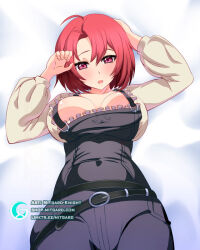  1girl arms_behind_head arms_up artist_name belt blue_overalls blush breasts collarbone cow_girl_(goblin_slayer!) cowboy_shot eyebrows eyelashes female_focus fingernails frilled_shirt frills from_below goblin_slayer! large_breasts long_sleeves looking_at_viewer looking_down lying medium_hair mitgard-knight on_back open_mouth overalls red_eyes red_hair shirt solo watermark white_shirt  rating:Sensitive score:33 user:Only_Kemonomimi