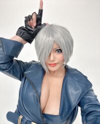  1girl angel_(kof) blue_eyes breasts cleavage cosplay fingerless_gloves gloves hair_over_one_eye large_breasts snk solo the_king_of_fighters white_hair  rating:Sensitive score:2 user:deltam9