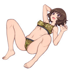 1girl akiyama_yukari bikini brown_eyes brown_hair camouflage camouflage_bikini commentary_request covered_erect_nipples full_body girls_und_panzer highres looking_at_viewer lying messy_hair navel on_back onsen_tamago_(hs_egg) open_mouth ribs short_hair smile solo swimsuit white_background  rating:Questionable score:62 user:danbooru
