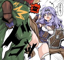  1boy 1girl ^_^ blush breasts bridal_gauntlets cape cleavage closed_eyes crotch_kick epic_seven gloves hair_intakes helen_(epic_seven) medium_breasts messy_hair open_mouth panties purple_hair shield skull_and_crossbones solo spoken_skull thighhighs translation_request tsuzuri_(tuzuri) underwear white_panties 