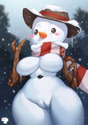 blush breasts cleft_of_venus genderswap hat large_breasts niniidawns pussy scarf snow snowman thick_thighs thighs  rating:Explicit score:3 user:Potent2again