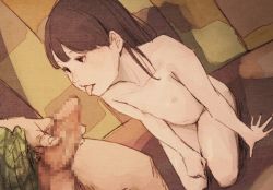  1boy 1girl arm_support black_eyes black_hair bottomless censored clothed_male_nude_female dutch_angle flat_chest hetero loli mosaic_censoring nipples nude original otohime_(youngest_princess) penis seiza sitting sketch tongue tongue_out  rating:Explicit score:126 user:danbooru