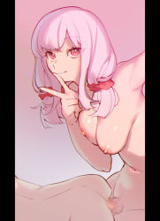  1boy 1girl anal armpits ass bent_over breasts bright_pupils censored completely_nude doggystyle futa_with_male futanari long_hair looking_at_viewer low_twintails medium_breasts mirin_chikuwa mosaic_censoring nipples nude original penis pink_eyes pink_hair red_ribbon ribbon sex sex_from_behind smile solo_focus sweat twintails v white_pupils 