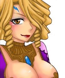  1girl bad_id bad_pixiv_id blonde_hair breasts brown_eyes cleavage gensou_suikoden gensou_suikoden_tierkreis hair_over_one_eye krm kurome large_breasts naughty_face seductive_smile smile solo tattoo 