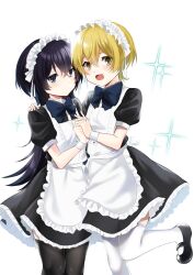  1boy 1girl :d absurdres alternate_costume alternate_hairstyle apron black_footwear black_hair black_thighhighs blonde_hair blue_bow blue_eyes blush bow bungou_stray_dogs commentary crossdressing dress english_commentary enmaided freckles frilled_apron frilled_dress frills hair_between_eyes hand_on_another&#039;s_shoulder highres holding_hands izumi_kyouka_(bungou_stray_dogs) leg_up long_hair looking_at_viewer maid maid_apron maid_headdress mary_janes miyazawa_kenji_(bungou_stray_dogs) momoko_nico open_mouth puffy_short_sleeves puffy_sleeves shoes short_hair short_sleeves simple_background smile sparkle standing standing_on_one_leg thighhighs white_apron white_background white_thighhighs wrist_cuffs yellow_eyes 