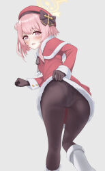 1girl absurdres ass blue_archive blush capelet christmas clothes_lift hair_bun halo hat highres kirin panties pantyhose pink_eyes pink_hair red_hat santa_costume serina_(blue_archive) serina_(christmas)_(blue_archive) short_hair thighs underwear white_background 