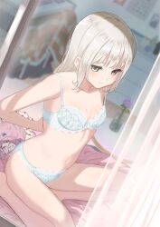  1girl aqua_bra aqua_panties arms_behind_back bare_arms bare_legs blonde_hair bra breasts cleavage closed_mouth commission curtains dutch_angle expressionless eyelashes from_side grey_eyes indie_virtual_youtuber lace lace-trimmed_bra lace-trimmed_panties lace_trim light_blush long_hair looking_ahead navel panties sakuraba_oto shibasaki_shouji sitting skeb_commission small_breasts solo underwear underwear_only undressing virtual_youtuber wariza window 