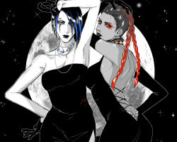  2girls alternate_costume animification apex_legends armpits ass backless_dress backless_outfit blue_hair braid breasts butt_crack catalyst_(apex_legends) cleavage dated dress earrings elbow_gloves elina_kuroe_no_daarin eye_piercing eyeshadow formal gem gloves gradient_hair hair_behind_ear hand_on_own_hip hand_on_own_head highres jewelry loba_(apex_legends) makeup medium_breasts moon multicolored_hair multiple_girls necklace parted_lips red_eyeshadow red_hair short_hair signature small_breasts spot_color streaked_hair twin_braids 