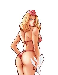  1girl absurdres alternate_hairstyle ass bikini blonde_hair blue_eyes breasts covered_erect_nipples darji eyebrows eyelashes hat highres ice kolin large_breasts lips looking_back medium_hair pink_bikini solo standing street_fighter street_fighter_v swimsuit thighs transparent_background  rating:Questionable score:7 user:eternalatake