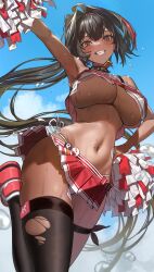 1girl areola_slip armpits bare_arms bare_shoulders bay_(nikke) black_hair black_thighhighs blush day from_below goddess_of_victory:_nikke grey_eyes grin hair_intakes highres holding holding_pom_poms looking_at_viewer microskirt mole mole_on_stomach mole_on_thigh mole_under_eye mole_under_mouth multicolored_hair navel outdoors panties parted_lips pleated_skirt pom_pom_(cheerleading) pom_poms red_footwear red_hair red_skirt side-tie_panties single_thighhigh skirt smile solo stomach streaked_hair sweat teeth thigh_strap thighhighs thighs torn_clothes torn_thighhighs underwear white_panties yukiman1056 