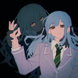  2girls bang_dream! bang_dream!_it&#039;s_mygo!!!!! black_background black_ribbon blue_hair chinese_commentary closed_mouth collared_shirt commentary_request expressionless green_necktie grey_jacket hair_ribbon hand_on_another&#039;s_shoulder haneoka_school_uniform highres holding_another&#039;s_wrist jacket long_hair long_sleeves looking_at_viewer multiple_girls necktie ribbon sailor_collar school_uniform shirt simple_background togawa_sakiko tsukinomori_school_uniform two_side_up upper_body wakaba_mutsumi white_sailor_collar white_shirt xmyishipi yellow_eyes 