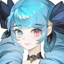 1girl black_bow blue_eyes bow closed_mouth drill_hair green_hair gwen_(league_of_legends) hair_bow heterochromia highres league_of_legends long_hair portrait red_eyes saikayo smile solo twin_drills twintails rating:General score:0 user:danbooru