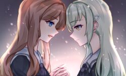  2girls bang_dream! bang_dream!_it&#039;s_mygo!!!!! blue_eyes blue_shirt brown_hair chinese_commentary closed_mouth commentary_request from_side green_hair grey_sailor_collar hair_ornament hairclip hmxyymyyc holding_hands interlocked_fingers long_hair looking_at_another multiple_girls nagasaki_soyo open_mouth outdoors profile sailor_collar school_uniform shirt smile snowing tsukinomori_school_uniform wakaba_mutsumi yellow_eyes yuri 