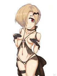  10s 1girl black_gloves blonde_hair breasts clitoris_piercing covering_nipples covering_privates crotchless crotchless_panties gloves hair_ornament hair_over_one_eye idolmaster idolmaster_cinderella_girls jonathan_h looking_at_viewer navel navel_piercing panties parted_lips piercing pussy pussy_piercing red_eyes revealing_clothes shirasaka_koume short_hair simple_background small_breasts smile solo underwear white_background  rating:Explicit score:48 user:danbooru