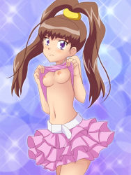  1girl amano_nene_(digimon_xros_wars) breasts brown_hair clothes_lift digimon digimon_xros_wars highres looking_at_viewer nipples shirt_lift skirt solo tagme takappe  rating:Questionable score:35 user:avman