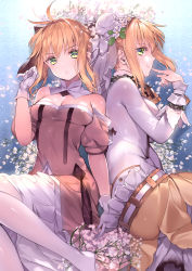 10s 2girls :o absurdres ahoge arm_at_side artoria_pendragon_(all) artoria_pendragon_(fate) bad_id bad_pixiv_id bare_shoulders belt black_ribbon blonde_hair blue_background bodysuit breasts bun_cover burnt_clothes chain cherry_blossoms cleavage closed_mouth detached_collar dress eyebrows eyelashes fate/extra fate/extra_ccc fate/stay_night fate/unlimited_codes fate_(series) finger_to_mouth floral_background flower gloves green_eyes hair_between_eyes hair_bun hair_flower hair_ornament hair_ribbon highres leaf lock looking_at_viewer lying medium_breasts multiple_girls nero_claudius_(bride)_(fate) nero_claudius_(fate) nero_claudius_(fate)_(all) off-shoulder_dress off_shoulder on_back on_side padlock pantyhose petals pointing pointing_at_self profile ribbon rozer saber_(fate) saber_lily sidelocks single_hair_bun smile veil white_flower white_gloves white_legwear