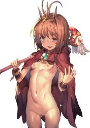 absurdres ahoge cape cardcaptor_sakura cleft_of_venus female_focus green_eyes hair_ornament highres jewelry kinomoto_sakura looking_at_viewer naked_cape navel nipples nude pussy redcomet smile smug solo wand wrist_guards rating:Explicit score:118 user:TOSJedi