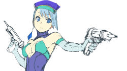  10s 1girl blue_eyes blue_hair blue_rose_(tiger_&amp;_bunny) breasts cleavage dual_wielding earrings elbow_gloves female_focus gloves gun hat highres holding jewelry karina_lyle matching_hair/eyes metadora short_hair simple_background single_earring sketch solo tiger_&amp;_bunny weapon 
