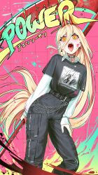  1girl absurdres alternate_costume belt black_pants black_shirt blonde_hair chainsaw_man character_name cross-shaped_pupils demon_girl demon_horns denji_(chainsaw_man) fangs hemokinesis highres holding holding_scythe horns long_hair looking_at_viewer open_mouth pants power_(chainsaw_man) print_shirt red_horns scythe shirt shirt_tucked_in solo symbol-shaped_pupils tongue tongue_out waligner 