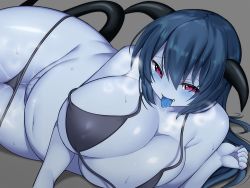 1girl belly bikini black_bikini black_hair blue_skin blue_tongue breasts cleavage colored_skin colored_tongue demon_girl demon_tail fangs grey_background horns huge_breasts long_hair looking_at_viewer lying mofuaki navel on_side open_mouth original panties panty_pull plump pointy_ears pubic_tattoo purple_eyes saliva simple_background solo sweat swimsuit tail tattoo thick_thighs thighs tongue tongue_out underwear rating:Questionable score:49 user:danbooru