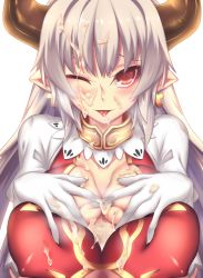 10s 1girl after_paizuri alicia_(granblue_fantasy) breast_press breasts cleavage cross cross_earrings cum cum_in_mouth cum_on_body cum_on_breasts cum_on_clothes cum_on_gloves cum_on_hair cum_on_tongue cum_on_upper_body draph earrings covered_erect_nipples facial fi-san finger_to_mouth gloves granblue_fantasy horns jewelry large_breasts long_hair looking_at_viewer one_eye_closed pointy_ears smile solo transparent_background rating:Explicit score:29 user:danbooru
