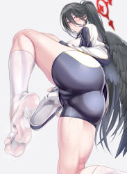 1girl absurdres ass black_hair black_wings blue_archive blue_jacket blue_shorts blush breasts cameltoe cleft_of_venus feathered_wings feet hair_between_eyes halo hasumi_(blue_archive) hasumi_(track)_(blue_archive) high_ponytail highres jacket large_breasts long_hair long_sleeves looking_at_viewer looking_back mole mole_under_eye red_eyes ruton-niki shirt short_shorts shorts socks soles spread_legs sweaty_clothes very_long_hair white_shirt wings  rating:Questionable score:77 user:danbooru