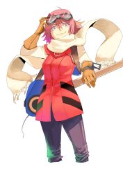  00s 1girl :3 adjusting_goggles bad_id bad_pixiv_id bass_guitar electric_guitar flcl gainaxtop gloves goggles goggles_on_head guitar haruhara_haruko helmet highres instrument jacket long_sleeves looking_at_viewer pants pink_hair scarf short_hair simple_background solo tebakan white_background wind yellow_eyes 