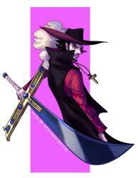 1boy 2023 beard black_hair closed_mouth coat commentary cross_pendant dracule_mihawk english_commentary facial_hair hat hat_feather high_collar highres holding holding_sword holding_weapon keysandcrosses male_focus one_piece profile solo sword twitter_username weapon yellow_eyes 