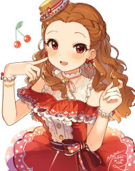  1girl bare_shoulders blurry blush bow bracelet braid breasts brown_hair cherry cherry_earrings cleavage depth_of_field dot_nose dress dress_bow earrings finger_to_face food food-themed_earrings food_themed_earrings forehead frilled_dress frills fruit hands_up hat highres idolmaster idolmaster_cinderella_girls idolmaster_cinderella_girls_starlight_stage index_finger_raised jewelry long_hair looking_at_viewer mini_hat mmmakaron888 multiple_bracelets neck_ribbon off-shoulder_dress off_shoulder open_mouth pearl_bracelet pink_ribbon polka_dot polka_dot_bow polka_dot_dress red_bow red_dress red_eyes ribbon see-through see-through_cleavage seki_hiromi signature simple_background small_breasts smile solo wavy_hair white_background 
