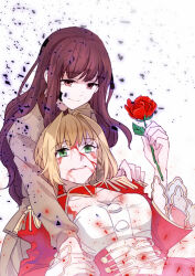  2girls ahoge blonde_hair blood blood_from_mouth blood_on_face brown_eyes brown_hair brown_jacket cleavage_cutout closed_mouth clothing_cutout commentary digital_dissolve dress epaulettes fate/extra fate_(series) flower gold_trim green_eyes hair_intakes hand_on_another&#039;s_shoulder hand_up holding holding_flower holding_hands jacket juliet_sleeves kishinami_hakuno_(female) long_hair long_sleeves looking_at_another lying lying_on_person multiple_girls nero_claudius_(fate) nero_claudius_(fate)_(all) nero_claudius_(fate/extra) on_back parted_lips puffy_sleeves red_dress red_flower red_rose rose school_uniform simple_background sleeve_cuffs smile teeth tsengyun tsukumihara_academy_uniform_(fate/extra) upper_body upper_teeth_only white_background wide_sleeves 