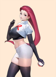  1girl black_gloves bobobong breasts creatures_(company) crop_top earrings game_freak gloves grey_eyes hand_up holding holding_poke_ball jessie_(pokemon) jewelry large_breasts long_hair midriff miniskirt nintendo parted_lips pearl_earrings pencil_skirt poke_ball poke_ball_(basic) pokemon pokemon_(anime) red_hair simple_background skindentation skirt solo thighhighs thighs very_long_hair white_skirt yellow_background zettai_ryouiki  rating:Sensitive score:62 user:danbooru