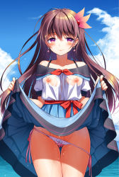 1girl blouse blue_skirt blue_sky blush bow bow_panties breasts brown_hair clothes_lift cloud cowboy_shot crescent crescent_pin day earrings gluteal_fold groin jewelry kantai_collection kisaragi_(kancolle) kisaragi_kai_ni_(kancolle) lifting_own_clothes long_hair looking_at_viewer minami_(apricot_tea) nipples off-shoulder_blouse outdoors panties panty_pull pink_panties purple_eyes sash see-through shirt side-tie_panties sidelocks skirt skirt_lift sky small_breasts solo underwear wet wet_clothes white_shirt