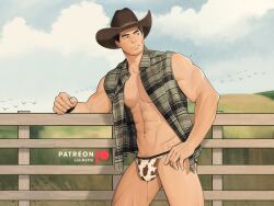  1boy abs absurdres against_railing animal_print bara bare_pectorals bird black_hair blue_sky bulge cow_print cowboy cowboy_hat cowboy_shot day facial_hair fence forked_eyebrows goatee_stubble hand_on_own_hip hat highres hill katto8452 looking_to_the_side male_focus male_underwear mature_male muscular muscular_male navel_hair nipples open_clothes open_shirt original outdoors parted_lips patreon_logo patreon_username pectorals plaid plaid_shirt precum precum_through_clothes railing shirt short_hair sky sleeveless sleeveless_shirt solo stubble underwear western wooden_fence 