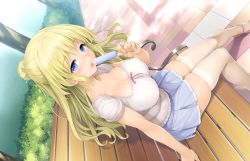 1girl amabane_nodoka arm_support bench blonde_hair blue_eyes blue_skirt blush breasts cleavage day dutch_angle floor food food_on_body food_on_breasts from_above game_cg hair_bun half-closed_eyes half_updo highres holding ishikei large_breasts legs legs_together licking long_hair looking_at_viewer love_cube miniskirt open_mouth outdoors popsicle puffy_nipples puffy_sleeves shirt short_sleeves single_hair_bun sitting skindentation skirt solo thighhighs thighs white_shirt white_thighhighs zettai_ryouiki rating:Questionable score:38 user:Kentabarou