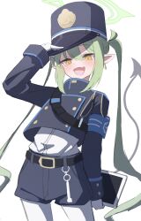  1girl absurdres belt black_belt black_hat black_jacket black_shorts black_tail blue_archive blush cowboy_shot demon_tail earrings fang gloves green_hair green_halo hair_between_eyes halo hat highlander_twintails_conductor_(blue_archive) highres jacket jewelry long_hair long_sleeves navel open_mouth pantyhose peaked_cap pointy_ears shorts simple_background single_earring skin_fang smile solo standing tail white_background white_gloves white_pantyhose yako_mashiro yellow_eyes 