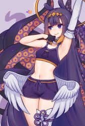 1girl arm_up armpits arynah blush elbow_gloves gloves half_gloves heart hololive hololive_english long_hair low_wings midriff mole mole_under_eye navel ninomae_ina&#039;nis pajamas purple_background purple_eyes purple_hair single_elbow_glove single_half_glove single_thighhigh smile solo tentacles thighhighs very_long_hair virtual_youtuber wings