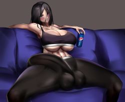  1futa abs bare_shoulders black_eyes black_hair blush breasts bulge cleavage couch futanari huge_breasts huge_penis huge_testicles long_hair looking_at_viewer pants penis sitting solo spread_legs testicles tight_clothes tight_pants underboob zeqqqqqk  rating:Explicit score:88 user:MonsterFuta