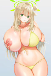  1girl bikini blue_archive breast_hold breasts front-tie_bikini_top front-tie_top green_eyes green_halo hair_bun halo hand_on_own_chest highres huge_breasts light_brown_hair looking_at_viewer nabeshiita_(atsuryoku_nabe) nipples nonomi_(blue_archive) nonomi_(swimsuit)_(blue_archive) official_alternate_costume one_breast_out single_side_bun smile string_bikini swimsuit yellow_bikini 