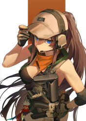  ammunition_pouch bandana bandana_around_neck baseball_cap black_shirt blue_eyes breasts brown_gloves brown_hair cleavage closed_mouth cm901_(girls&#039;_frontline) colt_cm901 ear_protection elbow_sleeve from_above girls&#039;_frontline gloves gun gun_sling hair_between_eyes hand_on_own_hip hand_up handgun hat highres holster large_breasts magazine_(weapon) microphone orange_bandana pouch rff_(3_percent) shirt sidelocks weapon 