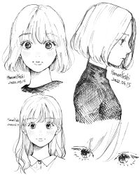  1girl artist_name blush closed_mouth dated from_side greyscale hair_between_eyes highres long_hair looking_ahead looking_at_viewer monochrome multiple_views original parted_lips portrait short_hair sidelocks signature simple_background sketch white_background yoshino_ganko 