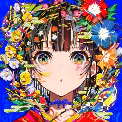  1girl :o animal black_hair blue_background blue_eyes blue_flower branch bug butterfly egasumi flower highres insect japanese_clothes kimono looking_at_viewer mika_pikazo orange_flower original parted_lips polka_dot portrait red_flower red_kimono solo yellow_flower 