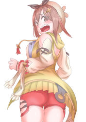 1girl absurdres artist_request ass atelier_(series) atelier_ryza bare_shoulders blush breasts brown_eyes brown_hair cameltoe fangs from_behind from_below hair_ornament hair_ribbon hairclip hat highres large_breasts looking_at_viewer looking_back looking_down open_mouth red_shorts reisalin_stout ribbon shiny_clothes shiny_skin short_hair short_shorts shorts sideboob solo thighhighs vest rating:Sensitive score:2 user:armorcrystal