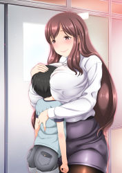  age_difference breast_smother face_to_breasts hetero highres hug shota teacher  rating:Questionable score:81 user:TeacherCarla